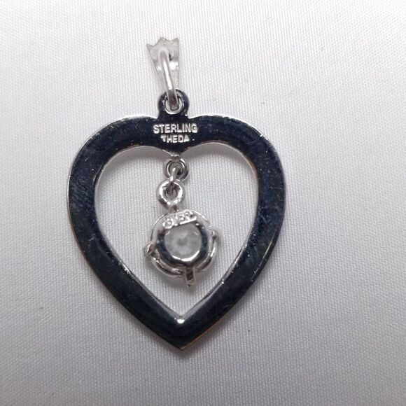 Vintage Sterling Silver Heart Pendant, Rhinestone Charm Center, Marcasite, Theda - Picture 3 of 7